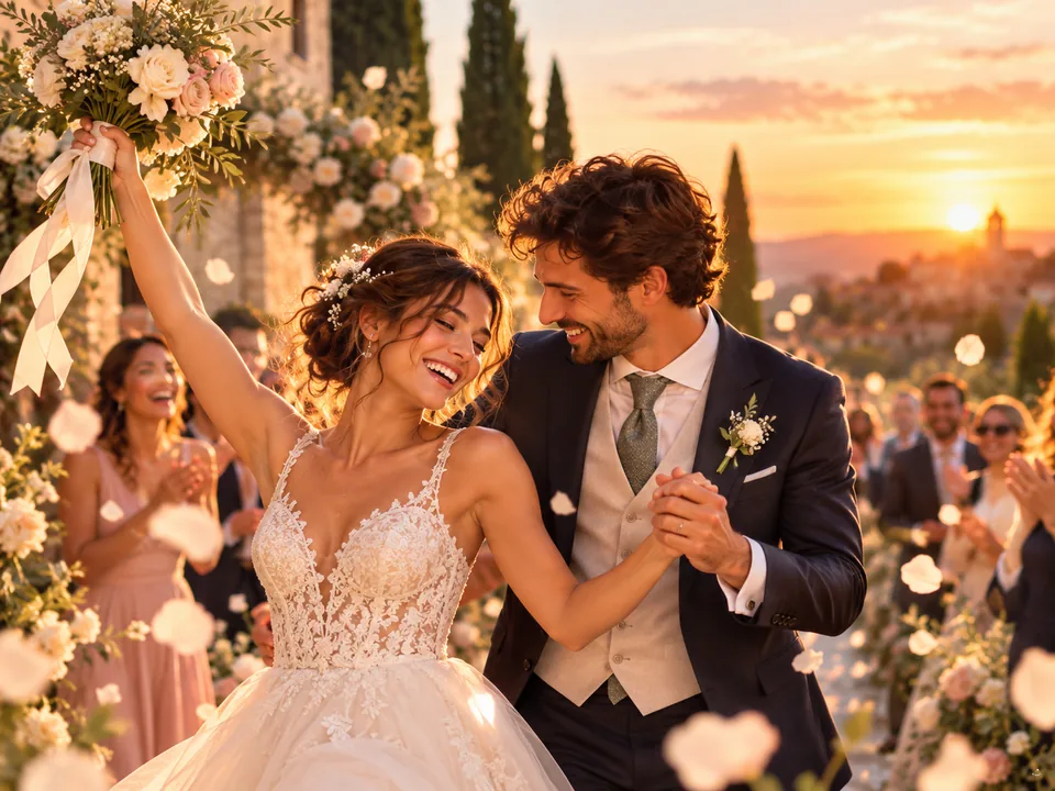 Novios celebrando su boda al atardecer.