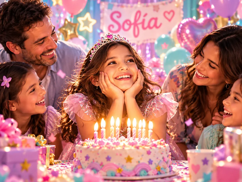 Niña celebrando su cumpleaños con una tarta y su familia.