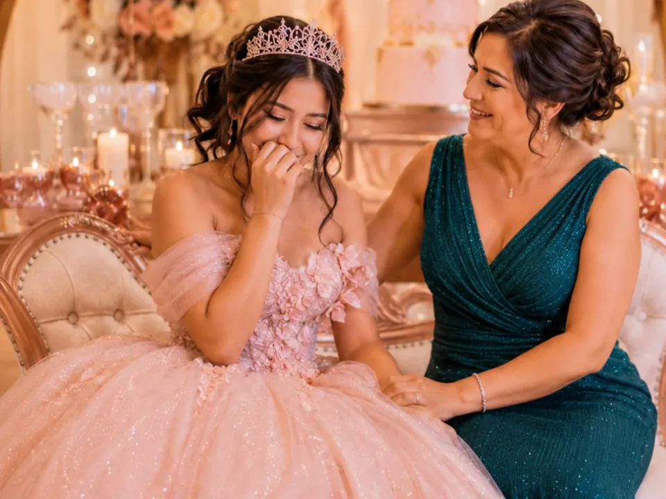 Quinceañera con vestido rosa y tiara celebrando sus 15 años junto a su familia.
