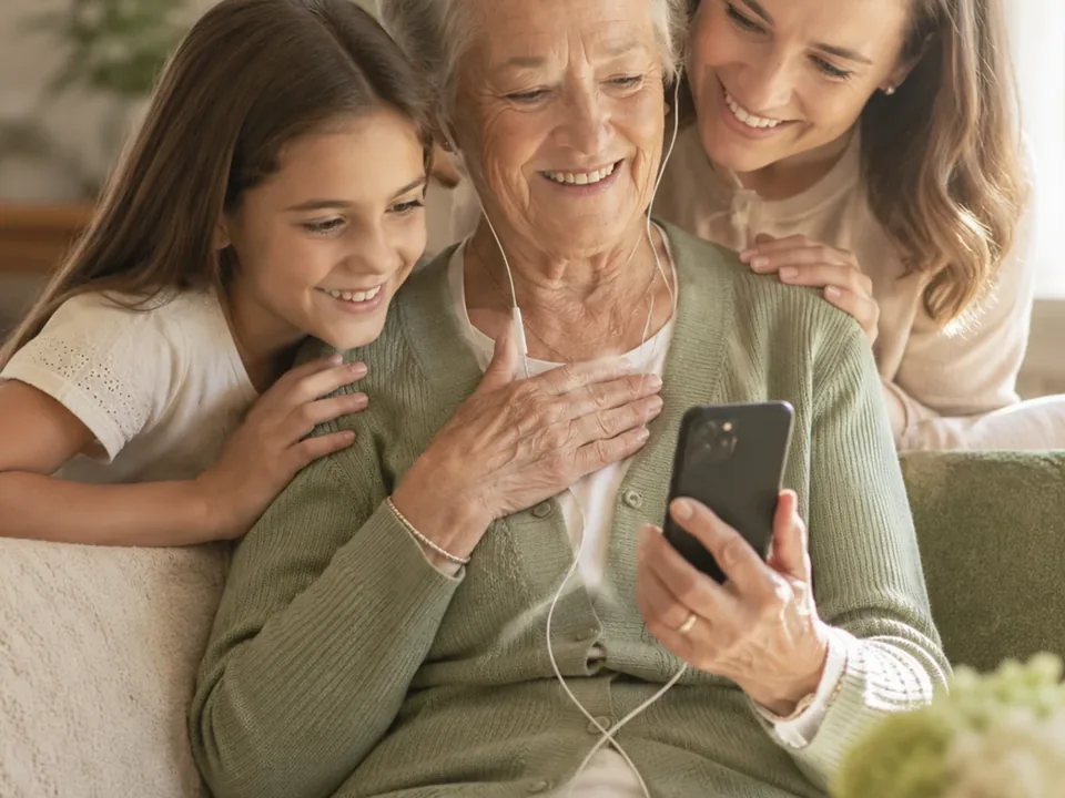 Abuela y nieta compartiendo recuerdos familiares en un álbum.