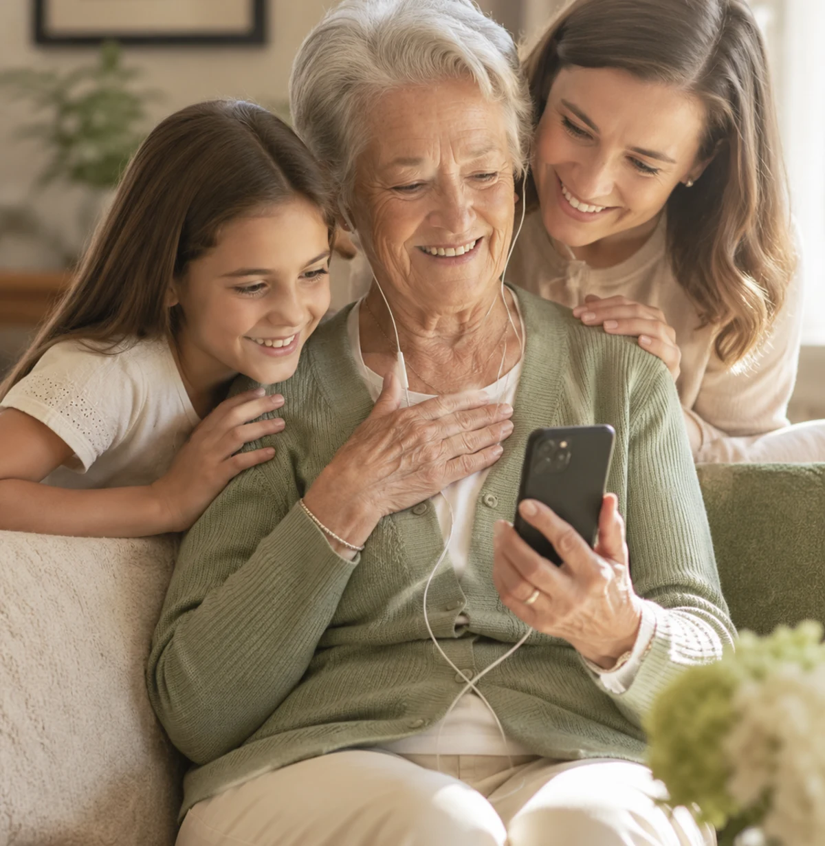 Abuela emocionada escuchando una canción personalizada con su familia.