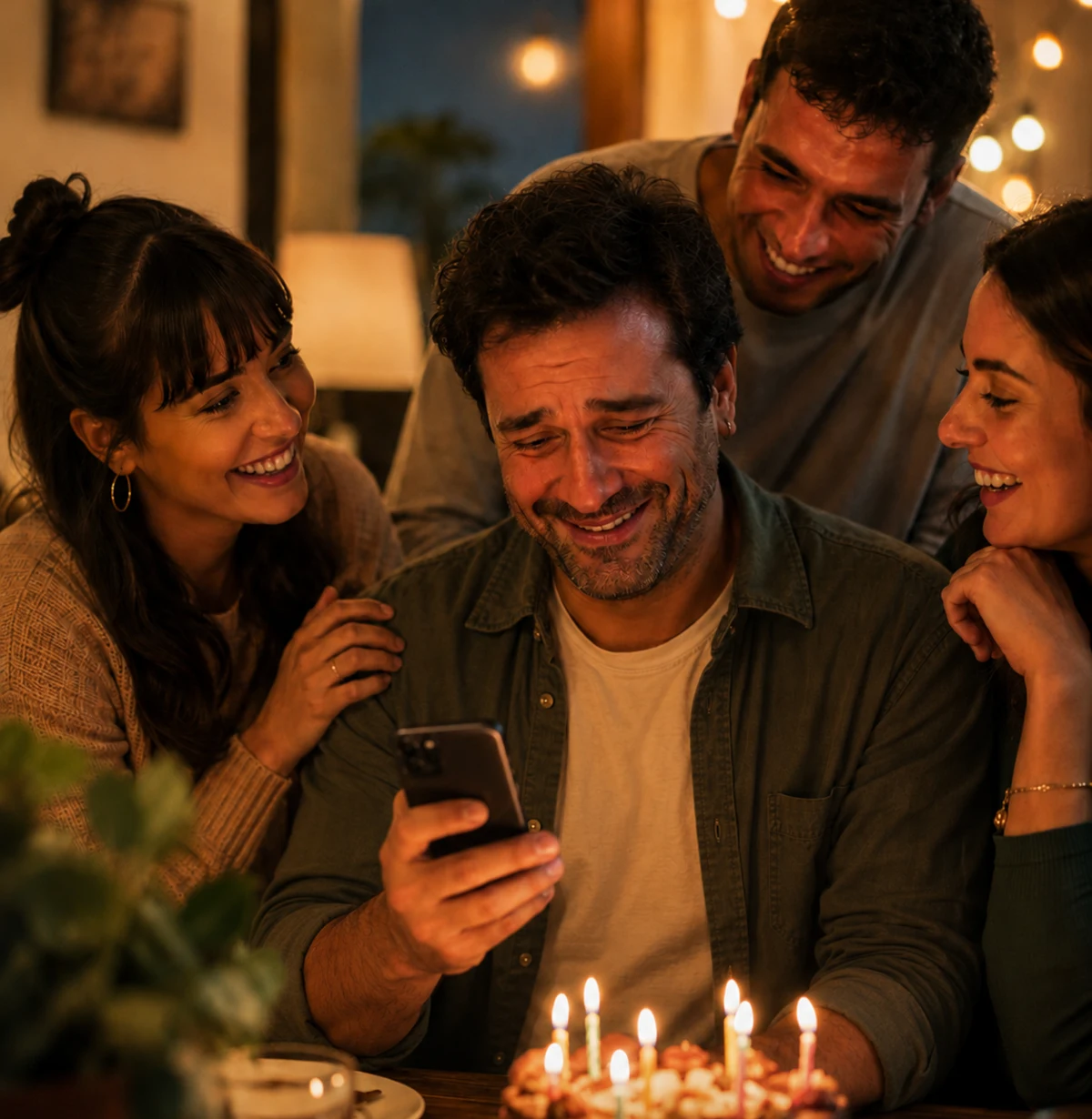 Hombre celebrando su cumpleaños con amigos mientras escucha una canción personalizada.