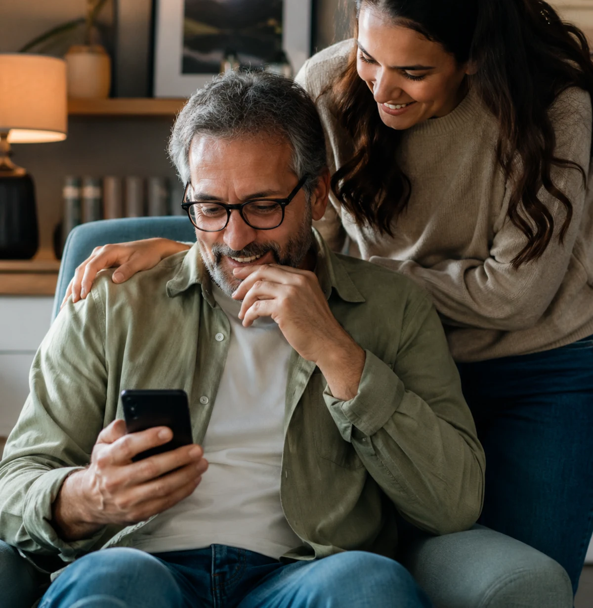 Hombre de mediana edad emocionado al recibir una canción personalizada.