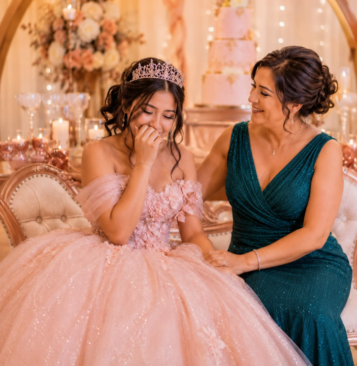 Quinceañera emocionada en su fiesta de 15 años mientras escucha su canción personalizada.